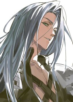 Rule 34 | 1boy, armor, black shirt, byo rk, collarbone, collared shirt, final fantasy, final fantasy vii, green eyes, grey hair, hashtag-only commentary, highres, long hair, looking to the side, male focus, parted hair, parted lips, pauldrons, sephiroth, shirt, shoulder armor, smile, solo, upper body, white background, wing collar