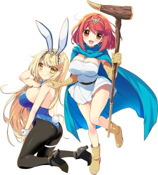 2girls animal_ears ass bare_shoulders black_pantyhose blonde_hair blue_cape blue_leotard breasts cape cleavage commentary_request cosplay dragon_quest dragon_quest_iii dress fake_animal_ears fake_tail full_body gadabout_(dq3) gadabout_(dq3)_(cosplay) gem green_gemstone highres holding holding_staff large_breasts leotard long_hair multiple_girls mythra_(xenoblade) pantyhose playboy_bunny pyra_(xenoblade) rabbit_ears rabbit_tail red_eyes red_hair sage_(dq3) sage_(dq3)_(cosplay) short_hair simple_background staff strapless strapless_leotard tail tiara watsuki_ayamo white_background white_dress xenoblade_chronicles_(series) xenoblade_chronicles_2 yellow_eyes