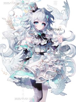 1girl 1other aqua_eyes aqua_gem artist_name bird blush braid closed_mouth cowboy_shot dated detached_sleeves dress earrings eyelashes eyeshadow fingernails flower gem hair_intakes hat highres jewelry long_hair long_sleeves looking_at_viewer makeup mini_hat original pink_eyeshadow sidelocks single_earring single_leg_pantyhose smile solo_focus standing too_many_watermarks watermark white_background white_bird white_dress white_flower white_hair xingchunxiang