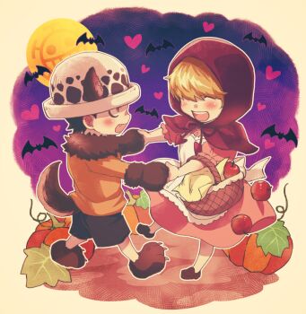 Rule 34 | 2boys, aged down, animal ears, apple, apron, bat (animal), big bad wolf, big bad wolf (cosplay), blonde hair, blush, closed eyes, commentary request, cosplay, crossdressing, crossdressing (mtf), dog ears, dog tail, donquixote rocinante, dress, fang, food, fruit, full moon, hat, holding hands, little red riding hood (fairy tale), little red riding hood (fairy tale character), little red riding hood (fairy tale character) (cosplay), male focus, moon, multiple boys, one piece, open mouth, pink dress, pumpkin, red hood, short hair, tail, trafalgar law, white apron, white hat, yuuri (yuri83)