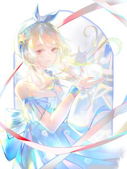 1girl absurdres back_bow bare_shoulders beret blonde_hair blue_bow blue_bowtie blue_choker blue_dress blue_sleeves blue_wrist_cuffs border bow bow_choker bowtie bubble bubbly_voyage_(infinity_nikki) castle chinese_commentary choker closed_mouth cloud cloudy_sky collared_dress commentary_request cowboy_shot detached_sleeves dress eyelashes floating_hair frilled_choker frilled_wrist_cuffs frills hair_ornament hair_over_shoulder hair_rings hairclip hat hat_bow hat_ornament highres holding infinity_nikki large_bow lipstick long_hair looking_at_viewer makeup nikki_(series) outdoors outside_border pink_eyes pink_lips pleated_dress pleated_sleeves rabbit_hair_ornament red_ribbon ribbon short_dress short_sleeves sidelocks sky smile solo standing star_(symbol) star_hat_ornament strapless strapless_dress striped_bow white_border white_hat wind wrist_cuffs xie_meng