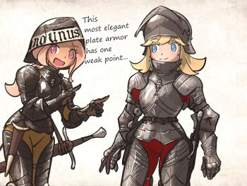 Rule 34 | 2girls, armor, blonde hair, blue eyes, breastplate, brown pants, brown shirt, closed mouth, commentary, ebenholz (ironlily), english commentary, english text, gauntlets, helmet, ironlily, japanese armor, long hair, looking at another, looking at viewer, multiple girls, open mouth, original, pants, perlweiss (ironlily), pink background, pink hair, red pants, red shirt, shirt, simple background, smile, standing, sweatdrop, sword, weapon, white background