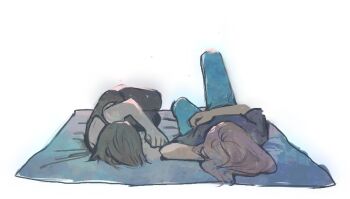 2girls angela_he black_hair black_shirt black_tank_top brown_hair denim facing_another from_side full_body glowing hand_on_own_stomach jeans long_hair lying missed_messages multiple_girls non-web_source official_art on_back on_side pants shirt short_hair spaghetti_strap t-shirt tank_top