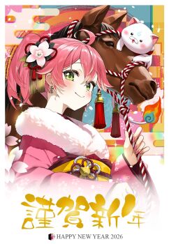 1girl 2026 blush chinese_zodiac closed_mouth commentary_request earrings green_eyes happy_new_year high_ponytail highres hololive horse japanese_clothes jewelry kimono kito_koruta new_year pink_hair pink_kimono ponytail sakura_miko smile upper_body virtual_youtuber year_of_the_horse