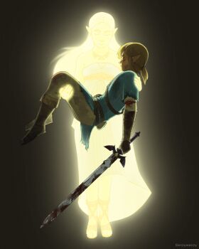1boy 1girl absurdres aqua_tunic artist_name blonde_hair blood bloody_weapon boots breasts brown_boots carrying closed_eyes dirty dirty_clothes dirty_face dress earrings floating full_body gladiator_sandals glowing grey_pants highres holding holding_sword holding_weapon jewelry link long_dress long_hair low_ponytail master_sword medium_breasts medium_hair necklace nintendo pants parted_bangs pointy_ears ponytail princess_carry princess_zelda sandals senzywenzy sidelocks strapless strapless_dress sword the_legend_of_zelda the_legend_of_zelda:_breath_of_the_wild tunic weapon white_dress