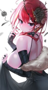 Rule 34 | 1girl, absurdres, akane lize, back, bare shoulders, black dress, black eyes, black gloves, blonde streaks, blush, breasts, choker, commentary, cross, cross earrings, dress, earrings, elbow gloves, embarrassed, fingerless gloves, flower, gloves, hair flower, hair ornament, halter dress, halterneck, highres, jewelry, korean commentary, large breasts, lifting own clothes, long hair, looking at viewer, looking to the side, multicolored hair, red hair, red nails, ring, semi-transparent dress, shin dohan, sideboob, solo, squiggle, stellive, stole, streaked hair, sweatdrop, tearing up, virtual youtuber