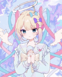 Rule 34 | 1girl, angel, blonde hair, blue background, blue bow, blue eyes, blue hair, blue shirt, bow, broken halo, chouzetsusaikawa tenshi-chan, closed mouth, commentary request, distortion, empty eyes, fake halo, frilled shirt, frilled sleeves, frills, hair bow, halo, hands up, interlocked fingers, kabe (zp66104), long hair, long sleeves, looking at viewer, multicolored hair, needy girl overdose, own hands together, pink bow, pink hair, purple bow, quad tails, sailor collar, shirt, solo, sweatdrop, upper body, white halo, white wings, wings