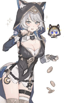 1girl animal_ear_fluff animal_ears animal_hood bell black_collar blue_eyes bow breasts cat_ears cat_girl chibi chibi_inset choker cipher_(honkai:_star_rail) cleavage clothing_cutout coa_(35_seno) coin collar commentary covered_navel cowboy_shot crescent crescent_ornament english_commentary fingerless_gloves gloves grey_hair highres honkai:_star_rail honkai_(series) hood hood_up hoyolab_sticker_redraw leotard medium_breasts mole mole_on_breast multicolored_hair official_art_inset paw_pose solo sparkle streaked_hair thigh_strap