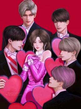 1girl 5boys bare_shoulders black_hair black_jacket black_suit bow bowtie brown_eyes brown_hair caleb_(love_and_deepspace) collared_shirt commentary cowboy_shot diamond_(gemstone) diamond_earrings diamond_necklace dress earrings earthsrirshaart elbow_gloves english_commentary formal_clothes gentlemen_prefer_blondes gloves grey_hair hair_between_eyes hands_on_own_chest hetero highres jacket jewelry long_hair looking_at_another love_and_deepspace multiple_boys parted_bangs pink_background pink_dress pink_gloves ponytail protagonist_(love_and_deepspace) rafayel_(love_and_deepspace) shirt short_hair strapless strapless_dress striped_clothes striped_shirt suit suit_jacket sylus_(love_and_deepspace) twitter_username white_bow white_bowtie white_shirt xavier_(love_and_deepspace) zayne_(love_and_deepspace)