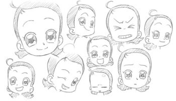 6+girls ahoge archived_source bad_link child closed_eyes closed_mouth dual_persona eyelashes facing_viewer flipped_hair forehead grin lowres medium_hair monochrome multiple_expressions multiple_girls nagian nostrils ojamajo_doremi one_eye_closed open_mouth senoo_aiko sketch smile split_mouth teeth tongue v-shaped_eyebrows