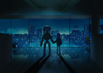 1boy 1girl blue_theme building canti chair city fight_club flcl from_behind holding_hands indoors looking_outside night phil_dragash reflective_floor robot samejima_mamimi shadow skyscraper tile_floor tiles