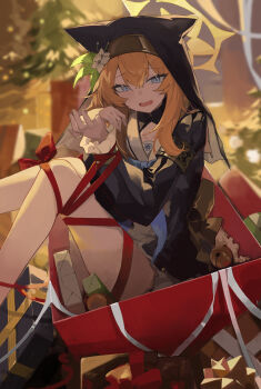 1girl absurdres animal_ear_fluff animal_ears black_veil blue_archive blue_eyes box cardboard_box cat_ears christmas coif commentary english_commentary flower gift gift_box hair_flower hair_ornament halo highres in_box in_container long_hair mari_(blue_archive) orange_hair ribbon siguma_(13238772100) veil white_flower yellow_halo