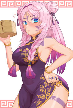 1girl :/ alternate_costume bamboo_steamer bare_shoulders blue_eyes blush braid breasts china_dress chinese_clothes citlali_(genshin_impact) closed_mouth commentary_request double_bun dress facial_mark fingernails forehead_mark genshin_impact hair_bun hand_on_own_hip hand_up highres holding holding_bamboo_steamer long_hair looking_at_viewer medium_breasts multicolored_hair mutturi_mamer18 nail_polish pink_hair pink_pupils purple_dress purple_hair purple_nails sleeveless sleeveless_dress solo triangle triangle_facial_mark twin_braids very_long_hair