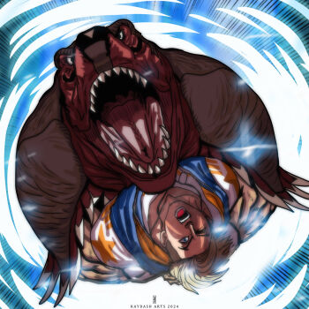 2boys absurdres animal_head blonde_hair blue_eyes crossover dinosaur_boy dinosaur_costume highres hood hoodie king_of_dinosaurs luchador luchador_mask luke_sullivan male_focus mask multiple_boys muscular muscular_male open_mouth raydash30 sleeveless sleeveless_hoodie snk street_fighter street_fighter_6 the_king_of_fighters the_king_of_fighters_xiv wrestler wrestling_mask
