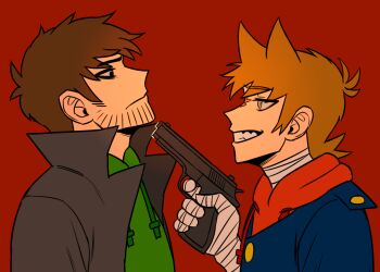 Rule 34 | 2boys, aiming, animification, antenna hair, bags under eyes, bandaged hand, bandaged neck, bandages, beard stubble, black coat, black eyes, blue coat, brown hair, burn scar, buttons, coat, commentary request, drawstring, edd (eddsworld), eddsworld, eye contact, facial hair, flipped hair, from side, future edd (eddsworld), green hoodie, green yonggari, grey eyes, grin, gun, hair behind ear, hair ears, height difference, high collar, holding, holding gun, holding weapon, hood, hood down, hoodie, korean commentary, looking at another, male focus, mature male, multiple boys, open clothes, open coat, plain epaulettes, profile, red background, red hoodie, red leader (eddsworld), scar, sharp teeth, short hair, sideburns, simple background, smile, stubble, swept bangs, teeth, tord (eddsworld), trench coat, upper body, weapon