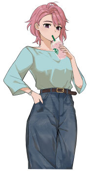 1girl absurdres artist_request belt cup dandadan denim drink drinking drinking_glass green_shirt hand_in_pocket highres holding holding_cup holding_drink jeans looking_at_viewer pants pink_eyes pink_hair shiratori_aira_(dandadan) shirt shirt_tucked_in starbucks watch white_background