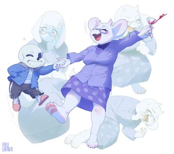 1boy 1girl alcohol animal_ears animal_feet animal_hands artist_name black_shorts blue_jacket blush breasts cardigan closed_eyes cocktail_glass commentary cup dancing deltarune dress drinking_glass english_commentary fangs furry furry_female goat_ears goat_girl grey_hood hand_in_pocket heart height_difference highres holding holding_cup holding_hands hollow_eyes hood hooded_jacket horns inuki_(aruurara) jacket large_breasts laughing long_sleeves looking_to_the_side lying multiple_views on_side one_eye_closed open_mouth pink_slippers polka_dot polka_dot_background polka_dot_dress purple_cardigan purple_dress rectangular_eyewear red_eyes sans_(undertale) semi-rimless_eyewear shirt shorts skeleton skin-covered_horns skin_fangs slippers smile socks spilling standing standing_on_one_leg toriel under-rim_eyewear utdr_(toby_fox) white_shirt white_socks wine