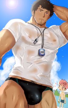 Rule 34 | 2boys, arm behind head, bara, beach, biceps, black eyes, black hair, black male swimwear, blouse, bulge, chibi, chibi inset, covered erect nipples, cowboy shot, dark-skinned male, dark skin, facial hair, hand on own head, hashikure taro, highres, large pectorals, lifeguard, male focus, male pubic hair, male swimwear, mature male, multiple boys, muscular, muscular male, original, paid reward available, pectorals, pink hair, pubic hair, shirt, short hair, sideburns, sky, solo focus, sparkling eyes, stubble, swim briefs, thick thighs, thighs, wet, wet clothes, wet shirt, whistle, whistle around neck, white shirt, yaoi