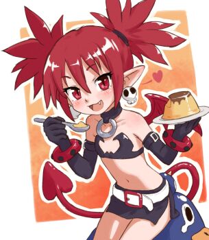 1girl :d bare_shoulders beachepisode belt belt_buckle black_gloves black_skirt blush buckle choker commentary demon_girl demon_tail disgaea earrings elbow_gloves etna_(disgaea) fang flat_chest food gloves heart highres holding holding_spoon jewelry looking_at_viewer makai_senki_disgaea navel open_mouth plate pointy_ears prinny pudding red_eyes red_hair sitting skirt skull_earrings smile spoon symbol-only_commentary tail twintails white_belt