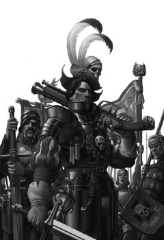 Rule 34 | 4boys, absurdres, antique firearm, armor, banner, belt, chain, comet, cross, empire (warhammer fantasy), eyepatch, facial hair, firearm, firelock, flintlock, gloves, greyscale, gun, hat, hat feather, helmet, highres, holding, holding banner, holding gun, holding polearm, holding shield, holding sword, holding weapon, hourglass, iron cross, jyc7707, landsknecht, leather, leather gloves, long sleeves, male focus, monochrome, multiple boys, musket, mustache, polearm, puffy long sleeves, puffy sleeves, purity seal, shield, short hair, skull ornament, spear, sword, warhammer fantasy, weapon, zweihander