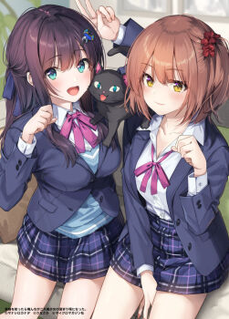 2girls :d animal animal_on_chest animal_on_shoulder between_legs black_cat black_hair blazer blue_bow blue_eyes blue_jacket blue_skirt blush bow bowtie breasts brown_hair buttons cat cat_on_shoulder cleavage closed_mouth collarbone collared_shirt commentary_request cover cover_page crescent crescent_hair_ornament double-parted_bangs dress_shirt fang feet_out_of_frame fingernails hair_bow hair_intakes hair_ornament hair_over_shoulder hair_scrunchie hand_between_legs hand_up hands_up jacket lapels large_breasts layered_clothes layered_sleeves lipstick long_hair long_sidelocks long_sleeves looking_at_viewer makeup medium_breasts miniskirt multiple_girls nail_polish notched_lapels official_art open_clothes open_collar open_jacket open_mouth original partially_open_jacket paw_pose pink_bow pink_bowtie pink_nails plaid_clothes plaid_skirt red_scrunchie school_uniform scrunchie shirt shirt_tucked_in short_hair side_ponytail sidelocks sitting skirt smile unasaka_ryou v whiskers white_shirt wing_collar yellow_eyes