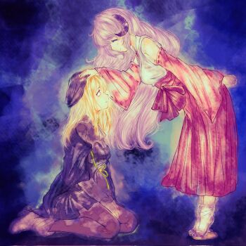 Rule 34 | 2girls, beret, blonde hair, commentary, detached sleeves, flip-flops, hakama, hanyuu, hat, headpat, highres, higurashi no naku koro ni, horns, japanese clothes, kneeling, looking up, multiple girls, nekotorine, purple hair, red hakama, sandals, takano miyo, tiptoes