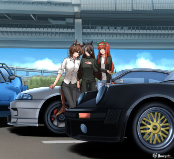 3girls agnes_tachyon_(umamusume) ahoge alternate_breast_size_(larger) alternate_costume animal_ears bbs_(wheel) black_hair black_jacket black_pants black_sweater blunt_bangs blunt_ends brown_eyes brown_hair car collared_shirt commentary_request denim ear_covers ear_tag earrings hair_between_eyes hair_ornament hairband highres hime_cut horse_ears horse_girl horse_tail jacket jeans jewelry long_bangs long_hair long_hair_between_eyes long_sleeves looking_at_viewer manhattan_cafe_(umamusume) motor_vehicle multiple_girls nissan nissan_skyline nissan_skyline_gt-r nissan_skyline_r33 orange_hair pants porsche porsche_911 shirt short_hair silence_suzuka_(umamusume) single_earring sleeves_rolled_up sweater tail threepitz turtleneck turtleneck_sweater twitter_username umamusume vehicle_focus vehicle_request wangan_midnight white_hairband white_shirt yellow_eyes