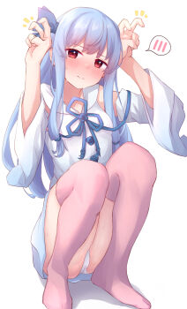 1girl absurdres aho_whale arms_up blue_hair blush closed_mouth commentary_request detached_sleeves dress highres kotonoha_aoi long_hair long_sleeves no_shoes notice_lines panties pink_thighhighs rabbit_pose red_eyes shadow shirt simple_background sleeveless sleeveless_dress solo spoken_blush squatting thighhighs underwear very_long_hair voiceroid white_background white_dress white_panties white_shirt wide_sleeves