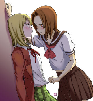 00s 2boys androgynous artist_logo blazer blonde_hair blush brown_eyes brown_hair crossdressing crossdressing_(mtf) eudetenis highres jacket kabedon logo male_focus multiple_boys plaid_clothes plaid_skirt pretty_face princess_princess randou_masashi school_uniform serafuku skirt trap trap_on_trap yaoi yoshikawa_megumi_(princess_princess)