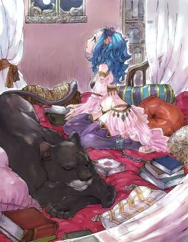 1girl animal blue_hair book commentary cuffs english_commentary fairy_tail full_body highres indoors levy_mcgarden looking_up medium_hair moon panther pantherlily pillow profile purple_thighhighs rusky see-through_clothes striped_clothes striped_thighhighs thighhighs vertical-striped_clothes vertical-striped_thighhighs