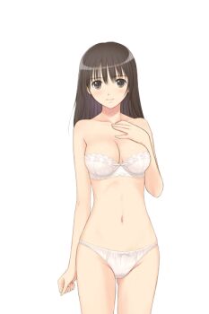 00s 1girl bare_shoulders black_eyes black_hair blush bra breasts fault!! female_focus game_cg large_breasts legs long_hair looking_at_viewer navel panties simple_background solo standing strapless strapless_bra thighs tony_taka underwear white_background white_bra white_panties