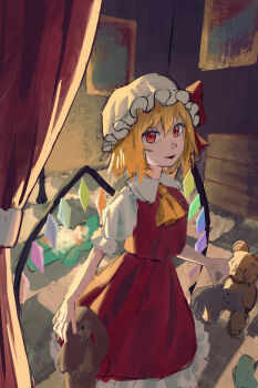 1girl absurdres ascot blonde_hair crystal crystal_wings curtains flandre_scarlet frilled_shirt_collar frills hat hat_ribbon highres hit0li111 indoors looking_at_viewer mob_cap open_mouth puffy_short_sleeves puffy_sleeves red_eyes red_skirt red_vest ribbon shirt short_hair short_sleeves side_ponytail skirt smile solo stuffed_animal stuffed_toy teddy_bear touhou vest white_shirt window wings yellow_ascot