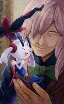 1boy az_(pokemon) black_flower black_shirt bow bowtie brown_vest closed_mouth collared_shirt commentary_request fingernails floette floette_(eternal) flower gen_6_pokemon green_bow green_bowtie hair_over_one_eye highres holding holding_flower long_hair male_focus nintendo old old_man one_eye_closed open_mouth pokemon pokemon_(creature) pokemon_legends:_z-a rokico shirt smile vest watermark white_hair wrinkled_skin