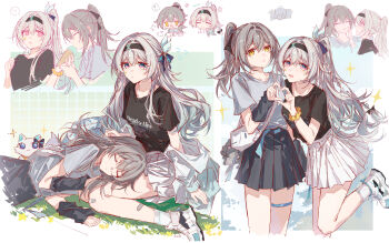 2girls absurdres alternate_costume alternate_hairstyle black_hairband black_shirt black_skirt breasts commentary_request eating firefly_(honkai:_star_rail) gradient_hair green_hair grey_hair grey_shirt hairband heart heart_hands heart_hands_duo highres honkai:_star_rail honkai_(series) ice_cream_cone lap_pillow looking_at_viewer medium_breasts multicolored_hair multiple_girls open_mouth pink_eyes ponytail shirt shoes sitting skirt smile stelle_(honkai:_star_rail) trailblazer_(honkai:_star_rail) white_shoes white_skirt yajuu yellow_eyes
