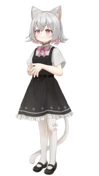 1girl :3 animal_ears black_dress black_shoes bow bowtie cat_ears cat_girl cat_tail commission dress frilled_dress frills grey_hair highres mary_janes multicolored_hair pantyhose pink_bow pink_bowtie pink_eyes pink_hair pixiv_commission puka_(puka_bgart) sayo_(voicevox) shirt shoes short_hair short_sleeves steepled_fingers tachi-e tail transparent_background two-tone_hair voicevox white_pantyhose white_shirt
