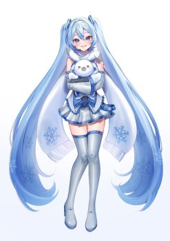 1girl 1other aqua_hair arm_tattoo blue_eyes blue_necktie blue_trim blush boots commentary commentary_request detached_sleeves hair_between_eyes hair_ornament hatsune_miku headset highres hug hug_from_behind long_hair long_sleeves looking_at_viewer mittens momoirone necktie number_tattoo official_alternate_costume open_mouth rabbit rabbit_yukine scarf shirt sleeveless sleeveless_shirt smile snowflake_print symbol-only_commentary tattoo thigh_boots thighhighs twintails very_long_hair vocaloid white_mittens white_scarf white_shirt wide_sleeves yuki_miku yuki_miku_(2011) zettai_ryouiki