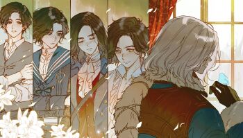 2boys androgynous ascot black_gloves black_hair blue_butterfly blue_coat blue_eyes bug butterfly butterfly_on_hand carlo_(lies_of_p) coat commentary_request flower freckles gloves grey_hair guragamja highres insect korean_commentary lies_of_p long_hair male_focus mechanical_arms multiple_boys multiple_views official_alternate_hair_color official_alternate_hair_length official_alternate_hairstyle pinocchio_(lies_of_p) prosthesis prosthetic_arm short_hair single_mechanical_arm white_ascot white_flower window yellow_eyes