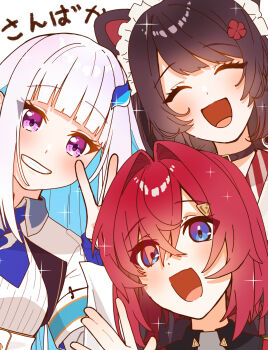 Rule 34 | 3girls, :d, \||/, ^ ^, ange katrina, ange katrina (1st costume), animal ears, blue eyes, blue hair, blush, brown collar, closed eyes, collar, commentary, crossed bangs, dog ears, flower, grin, group name, group picture, hair flower, hair intakes, hair ornament, hand up, highres, hosupi, inui toko, inui toko (1st costume), lize helesta, lize helesta (1st costume), long bangs, long hair, long sleeves, looking at viewer, maid headdress, multicolored eyes, multicolored hair, multiple girls, nijisanji, open mouth, purple eyes, red hair, sanbaka (nijisanji), shrug (clothing), smile, sparkle, two-tone eyes, two-tone hair, untranslatable commentary, v, virtual youtuber, waving, white background, white hair, white headdress, white shrug