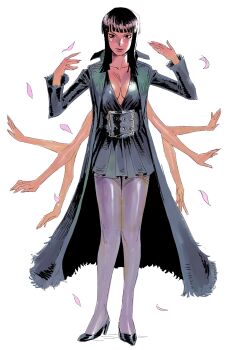 Rule 34 | 1girl, 2025, absurdres, belt, black hair, black shoes, blunt bangs, breasts, cleavage, closed mouth, coat, collared coat, commentary, devil fruit power, dress, extra arms, falling petals, full body, hana hana no mi, high heels, highres, looking at viewer, medium hair, nico robin, official alternate costume, one piece, one piece: strong world, pantyhose, petals, pink petals, rygge, shoes, simple background, smile, solo, white background