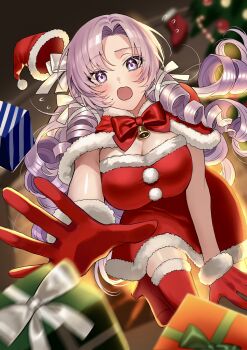 1girl absurdres blurry blurry_background boots box breasts christmas commentary_request dress drill_hair gift gift_box gloves hat highres hyakumantenbara_salome indoors large_breasts long_hair matsuyukisub nijisanji open_mouth purple_eyes purple_hair red_boots red_gloves santa_costume santa_dress santa_hat solo sweat twintails