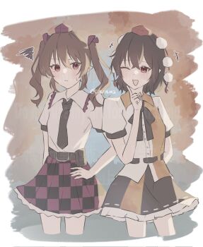 +++ 2girls belt belt_pouch black_bow black_bowtie blush bow bowtie brown_belt brown_hair carin_(c_arin1012) checkered_clothes checkered_skirt closed_mouth collared_shirt commentary frilled_shirt_collar frilled_skirt frills hat highres himekaidou_hatate long_hair multiple_girls necktie one_eye_closed open_mouth pointy_ears pom_pom_(clothes) pouch puffy_short_sleeves puffy_sleeves purple_hat red_eyes red_hat ribbon-trimmed_skirt ribbon_trim shameimaru_aya shirt short_sleeves skirt smile squiggle tokin_hat touhou twintails twitter_username watermark white_shirt