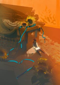 1boy absurdres black_hair blue_ribbon book commentary english_commentary flower full_body highres holding holding_book kim_dokja male_focus oldest_dream omniscient_reader&#039;s_viewpoint open_book outstretched_legs oversized_object ribbon roellm shirt short_hair solo sunflower typewriter vest white_shirt yellow_vest