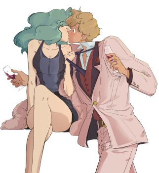 2girls absurdres bare_shoulders belt bishoujo_senshi_sailor_moon black_dress black_necktie blonde_hair blue_dress brown_belt closed_eyes clothes_grab commentary couple cup dress drinking_glass earrings english_commentary female_focus flustered green_hair highres holding holding_cup jacket jewelry kaiou_michiru kiss light_blush long_hair looking_at_another mercuri0ff multiple_girls necktie necktie_grab neckwear_grab pants red_shirt ring shirt short_hair simple_background surprise_kiss surprised ten&#039;ou_haruka tomboy tuxedo two-tone_dress wedding_ring white_background white_jacket white_pants wife_and_wife wine_glass yuri