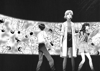 Rule 34 | 2girls, 6+boys, akagi ritsuko, ass, belt, cigar, clone, controller, crossover, duke tougou, from behind, golgo 13, gun, highres, ikari shinji, katsuragi misato, lab coat, lighter, long hair, monochrome, multiple boys, multiple girls, neon genesis evangelion, nude, remote control, scar, short hair, shorts, skirt, smoke, smoking, topless female, vermi, weapon