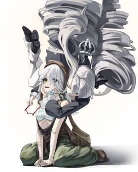 Rule 34 | 2girls, 95hoody, brown bag, clothes around waist, commentary, dirty, dirty arm, dirty face, dirty hands, drill hair, full body, glasses, goddess of victory: nikke, green eyes, green pants, hair over one eye, highres, holding, holding removed eyewear, mask, mask pull, mouth mask, multiple girls, pants, princess (nikke), red-framed eyewear, sitting, stall iii (nikke), untranslatable commentary, unworn eyewear, wariza, white background, white hair