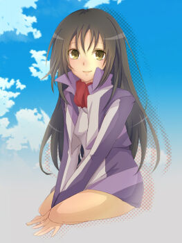Rule 34 | 10s, 1girl, bad id, bad pixiv id, black hair, brown eyes, cloud, cropped jacket, day, female focus, hiki-wota, lips, long hair, long sleeves, looking at viewer, minashiro tsubaki, outline, sidelocks, sitting, skirt, sky, smile, solo, soukyuu no fafner, uniform