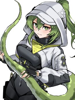 Rule 34 | arknights, arknights: endfield, black bodysuit, black gloves, blush, bodysuit, bright pupils, chest strap, covered navel, cowboy shot, double-parted bangs, dutch angle, fingerless gloves, fluorite (arknights), gloves, green eyes, green hair, hair between eyes, hair ornament, hairclip, high ponytail, highres, holding own tail, hood, hood up, hooded shrug, lizard tail, looking at viewer, mikita casdy, ponytail, reptile girl, shrug (clothing), smile, tail, upper body, white hood, white pupils, white shrug