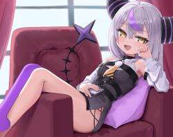 Rule 34 | 1girl, absurdres, black dress, black horns, blush, breasts, cellphone, chair, chest harness, collar, curtains, demon girl, demon horns, detached sleeves, dress, grey hair, hair between eyes, harness, highres, holding, holding phone, hololive, horns, la+ darknesss, la+ darknesss (1st costume), long hair, looking at viewer, multicolored hair, o-ring, o-ring top, on chair, open mouth, pantyhose, phone, purple hair, purple horns, purple pantyhose, rihitonn, side slit, single leg pantyhose, sitting, sleeveless, sleeveless dress, small breasts, smartphone, smile, solo, streaked hair, striped horns, tail, virtual youtuber, window, yellow eyes
