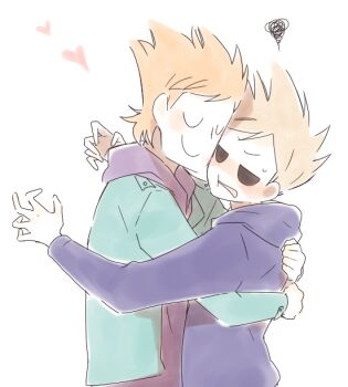 2boys annoyed blush brown_hair cheek-to-cheek closed_eyes commentary eddsworld from_side green_jacket heads_together heart hollow_eyes hood hood_down hoodie hug jacket jitome keep_(dmswls6145) long_sleeves male_focus matt_(eddsworld) multiple_boys open_clothes open_jacket open_mouth orange_hair purple_hoodie short_hair simple_background sketch smile spiked_hair squiggle tom_(eddsworld) u_u upper_body white_background yaoi