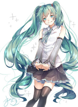 1girl aqua_eyes aqua_hair aqua_ribbon aqua_trim black_skirt black_thighhighs blush closed_mouth collared_shirt detached_sleeves grey_sleeves hair_between_eyes hair_ornament hatsune_miku hatsune_miku_(nt) highres long_hair long_sleeves mai_mugi official_alternate_costume pleated_skirt ribbon shirt simple_background skirt sleeveless sleeveless_shirt solo thighhighs twintails very_long_hair vocaloid white_background white_shirt zettai_ryouiki